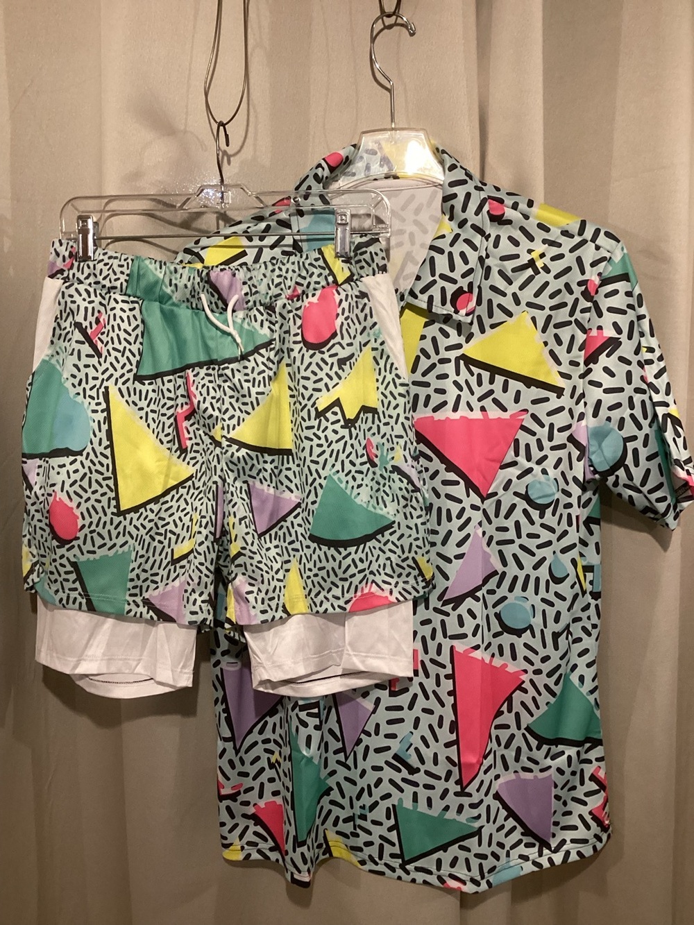 Retro Geometric Print Matching Shirt and Swim Shorts Set